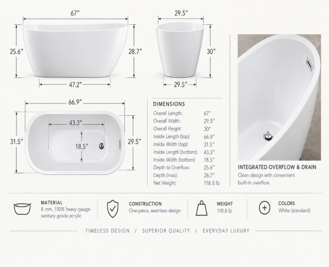 Bañera de acrílico de inmersión profunda Jinox de 67"